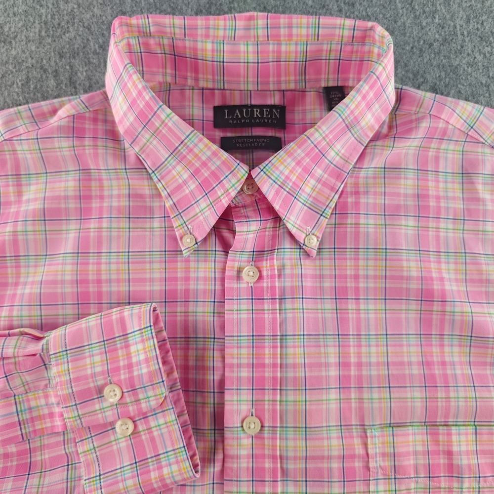 Lauren Ralph Lauren Shirt Mens XL 17.5 34/35 Pink Plaid Stretch Regular Fit LS
